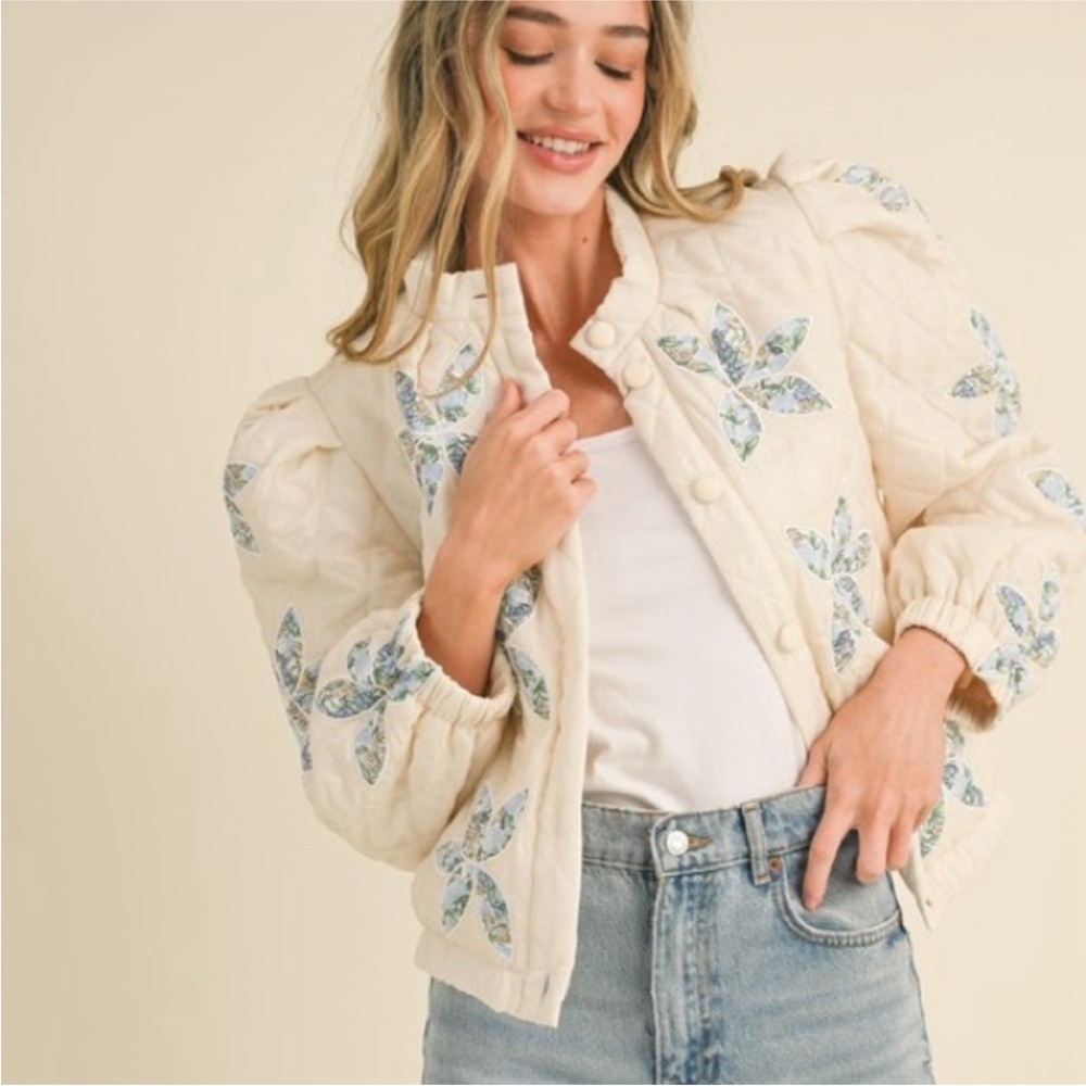 Bohemian Cottagecore Quilted Jacket With Floral Patchwork in Vanilla Cream- NWT